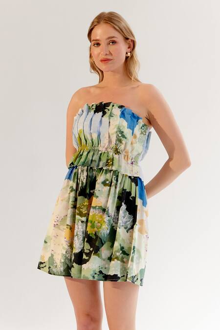 Buy_NOIB_Multi Color Cotton Satin Open Neck Multicolor Forest Print Strapless Dress _Online_at_Aza_Fashions