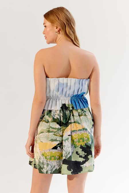 Shop_NOIB_Multi Color Cotton Satin Open Neck Multicolor Forest Print Strapless Dress _Online_at_Aza_Fashions