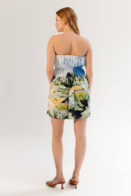 Shop_NOIB_Multi Color Cotton Satin Open Neck Multicolor Forest Print Strapless Dress _at_Aza_Fashions