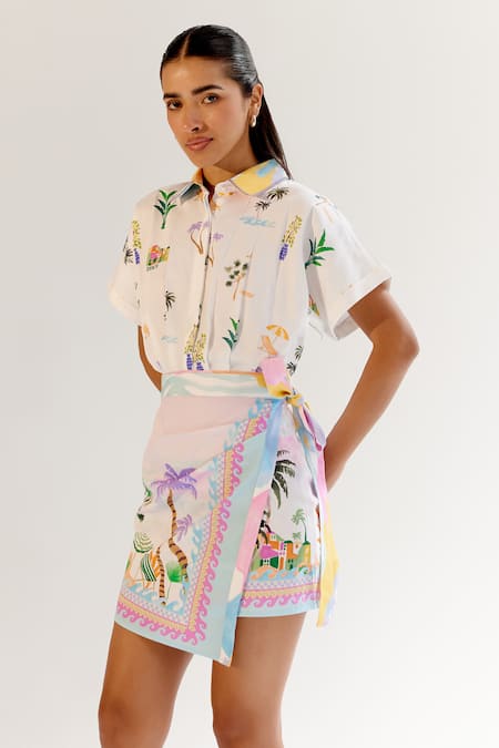NOIB Multi Color Cotton Satin Collared Multicolor By The Sea Printed Dress Online at Aza Fashions NOIB_Multi Color Cotton Satin Collared Multicolor By The Sea Printed Dress _Online_at_Aza_Fashions