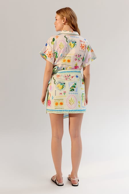 Shop NOIB Multi Color Cotton Satin Collared Multicolor Postcard Print Dress at Aza Fashions Shop_NOIB_Multi Color Cotton Satin Collared Multicolor Postcard Print Dress _at_Aza_Fashions