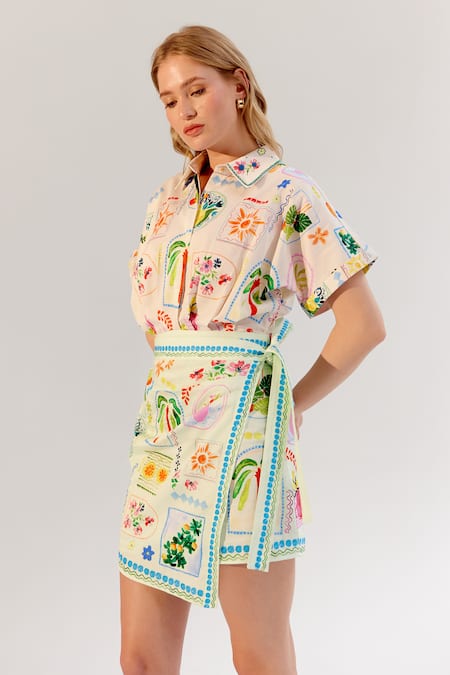 Shop NOIB Multi Color Cotton Satin Collared Multicolor Postcard Print Dress Online at Aza Fashions Shop_NOIB_Multi Color Cotton Satin Collared Multicolor Postcard Print Dress _Online_at_Aza_Fashions