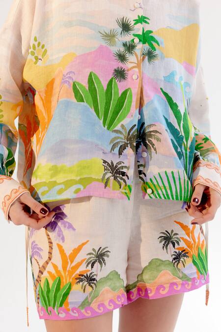 Shop_Noib_Multi Color Linen, Lycra Multicolor By The Sea Print Shorts _Online_at_Aza_Fashions