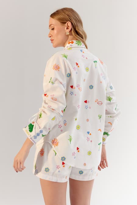 Shop_NOIB_White Cotton Abstract Embroidered Shorts _at_Aza_Fashions