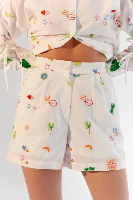 NOIB_White Cotton Abstract Embroidered Shorts _Online_at_Aza_Fashions