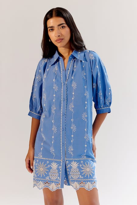 Noib_Blue Cotton Embroidery Collared Thread Dress _Online_at_Aza_Fashions