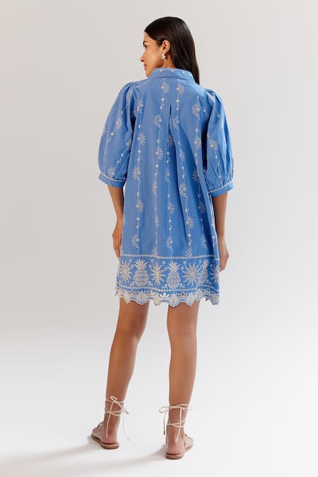 Shop_Noib_Blue Cotton Embroidery Collared Thread Dress _at_Aza_Fashions