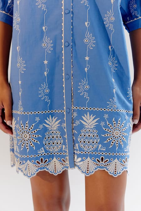 Buy_Noib_Blue Cotton Embroidery Collared Thread Dress _Online_at_Aza_Fashions