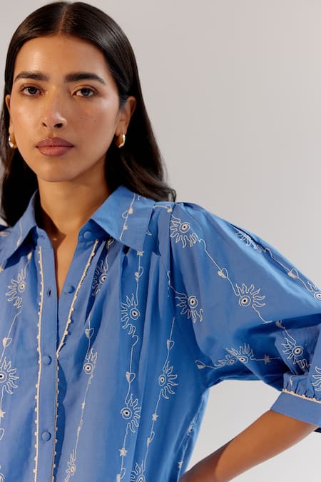 Shop_Noib_Blue Cotton Embroidery Collared Thread Dress _Online_at_Aza_Fashions