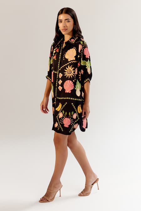NOIB_Black Modal Collared Floral Seashell Print Dress _Online_at_Aza_Fashions