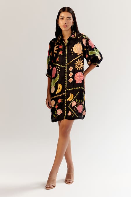Buy_NOIB_Black Modal Collared Floral Seashell Print Dress _Online_at_Aza_Fashions