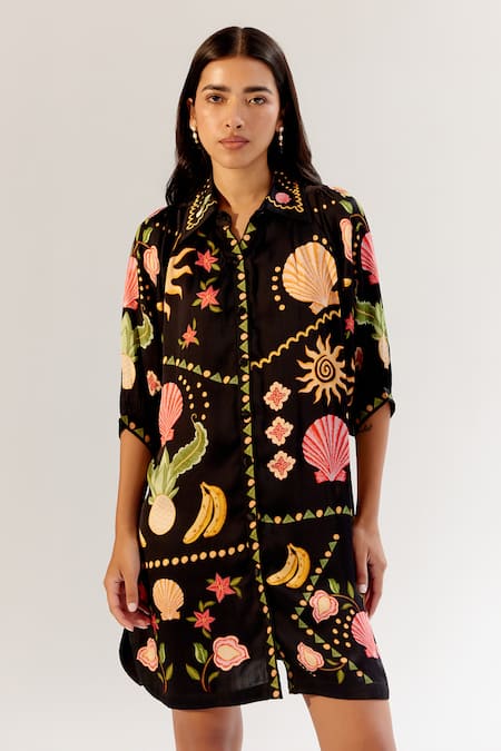 Shop_NOIB_Black Modal Collared Floral Seashell Print Dress _Online_at_Aza_Fashions