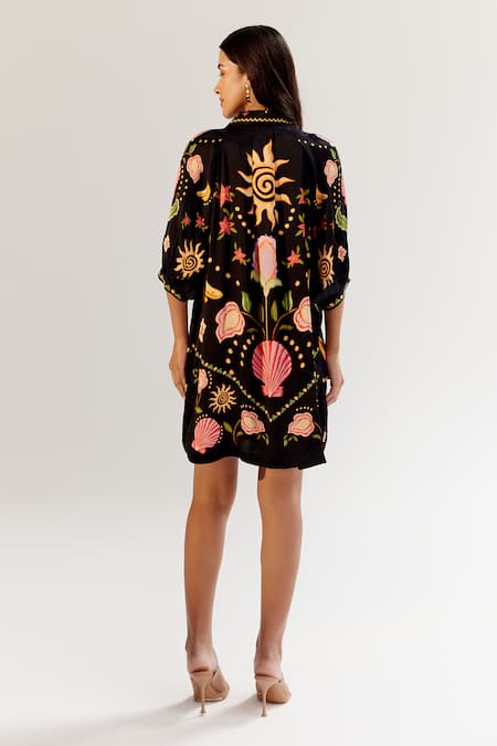 Shop_NOIB_Black Modal Collared Floral Seashell Print Dress _at_Aza_Fashions