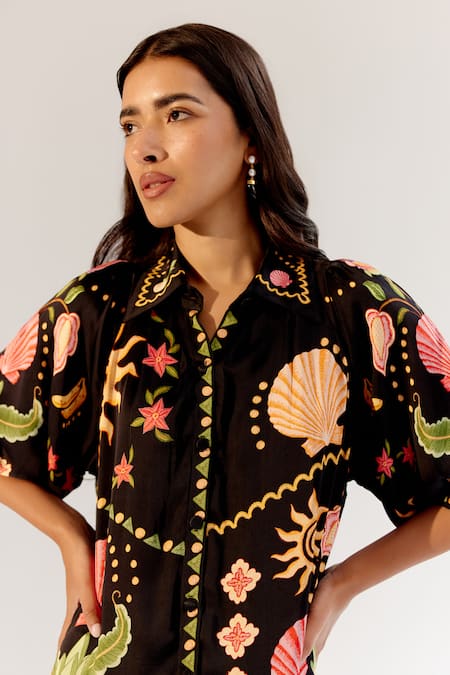 NOIB_Black Modal Collared Floral Seashell Print Dress _at_Aza_Fashions