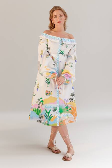 NOIB_Multi Color Cotton Off-shoulder By The Sea Print Midi Dress _Online_at_Aza_Fashions