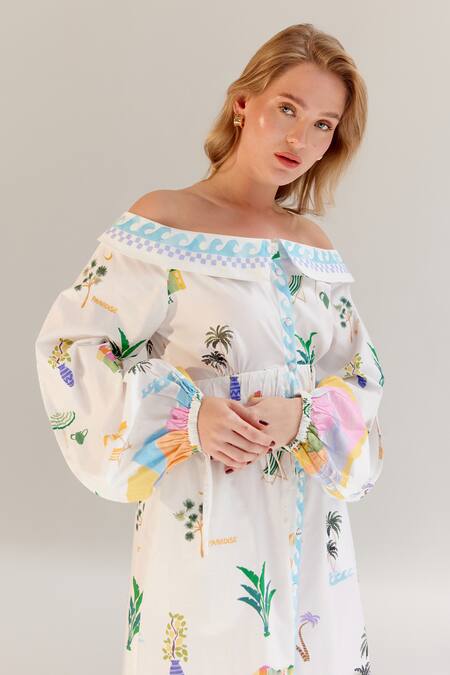 Buy_NOIB_Multi Color Cotton Off-shoulder By The Sea Print Midi Dress _Online_at_Aza_Fashions