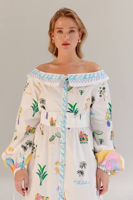 Shop_NOIB_Multi Color Cotton Off-shoulder By The Sea Print Midi Dress _Online_at_Aza_Fashions