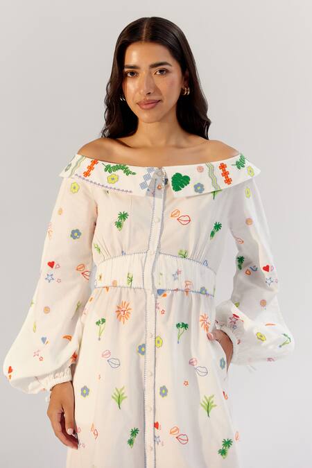 NOIB White Cotton Embroidery Collared Off-shoulder Midi Dress Online at Aza Fashions NOIB_White Cotton Embroidery Collared Off-shoulder Midi Dress _Online_at_Aza_Fashions