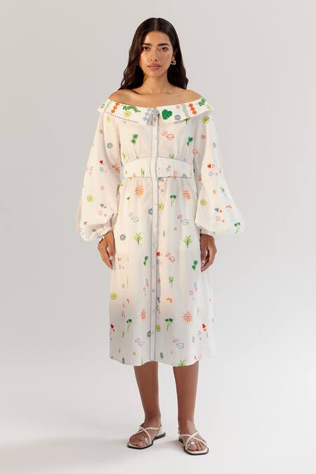 Buy NOIB White Cotton Embroidery Collared Off-shoulder Midi Dress Online at Aza Fashions Buy_NOIB_White Cotton Embroidery Collared Off-shoulder Midi Dress _Online_at_Aza_Fashions