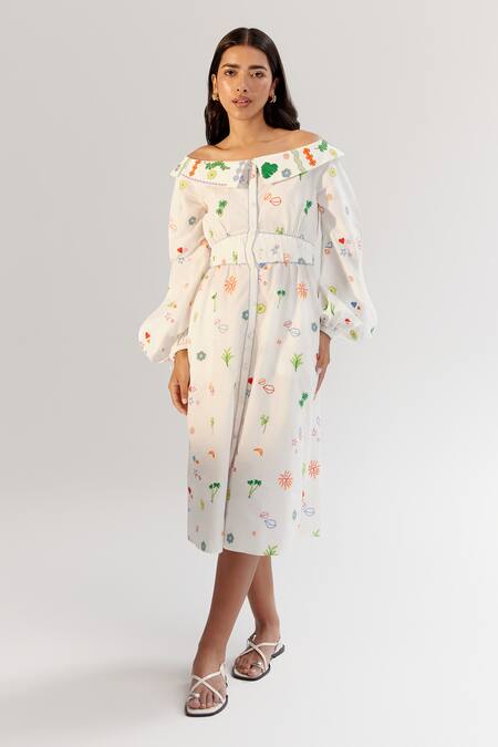Shop NOIB White Cotton Embroidery Collared Off-shoulder Midi Dress Online at Aza Fashions Shop_NOIB_White Cotton Embroidery Collared Off-shoulder Midi Dress _Online_at_Aza_Fashions