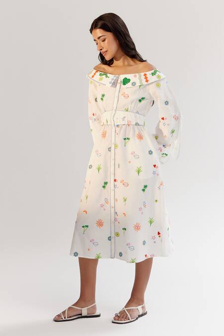 NOIB White Cotton Embroidery Collared Off-shoulder Midi Dress at Aza Fashions NOIB_White Cotton Embroidery Collared Off-shoulder Midi Dress _at_Aza_Fashions