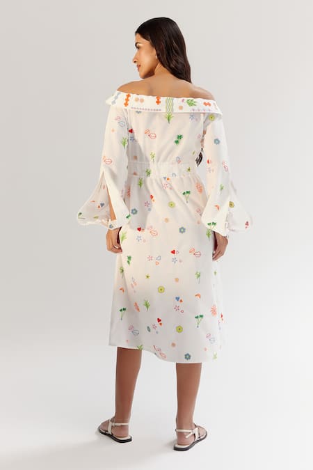 Shop NOIB White Cotton Embroidery Collared Off-shoulder Midi Dress at Aza Fashions Shop_NOIB_White Cotton Embroidery Collared Off-shoulder Midi Dress _at_Aza_Fashions