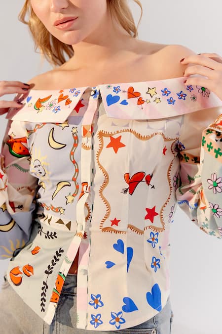 NOIB Multi Color Cotton Off-shoulder Boardgame Print Shirt at Aza Fashions NOIB_Multi Color Cotton Off-shoulder Boardgame Print Shirt _at_Aza_Fashions