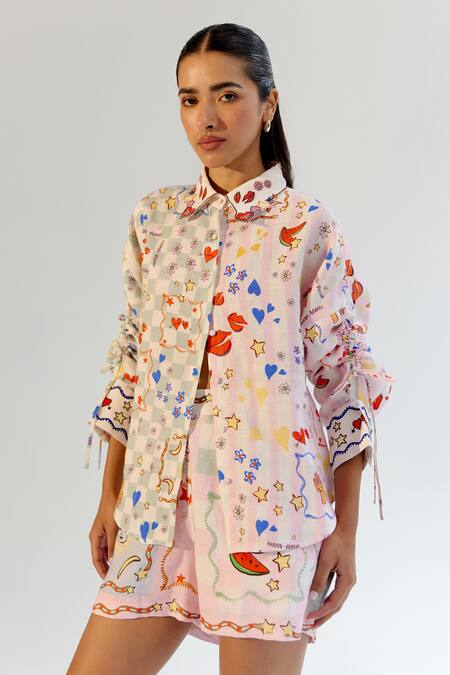 Shop NOIB Multi Color Linen, Lycra Embroidery Collared Boardgame Print Shirt Online at Aza Fashions Shop_NOIB_Multi Color Linen, Lycra Embroidery Collared Boardgame Print Shirt _Online_at_Aza_Fashions
