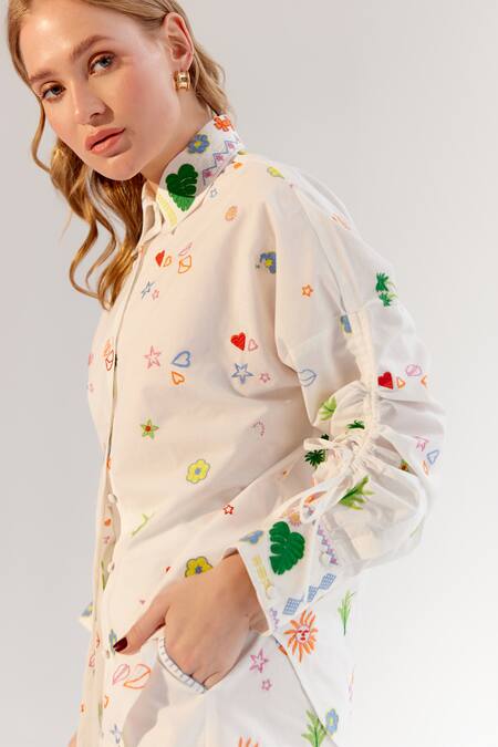 NOIB White Cotton Embroidery Collared Abstract Shirt Online at Aza Fashions NOIB_White Cotton Embroidery Collared Abstract Shirt _Online_at_Aza_Fashions