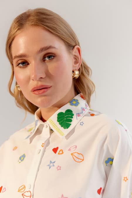 Buy NOIB White Cotton Embroidery Collared Abstract Shirt Online at Aza Fashions Buy_NOIB_White Cotton Embroidery Collared Abstract Shirt _Online_at_Aza_Fashions