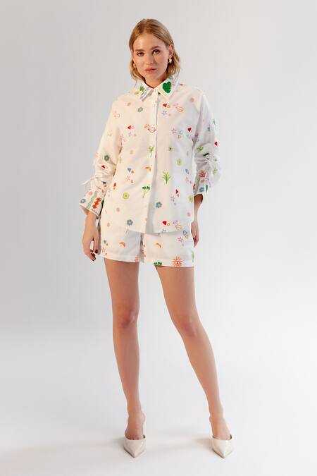 Shop NOIB White Cotton Embroidery Collared Abstract Shirt Online at Aza Fashions Shop_NOIB_White Cotton Embroidery Collared Abstract Shirt _Online_at_Aza_Fashions