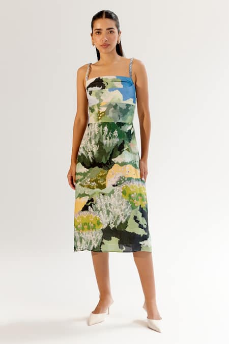 NOIB_Multi Color Viscose, Linen Square Neck Multicolor Forest Print Midi Dress _Online_at_Aza_Fashions