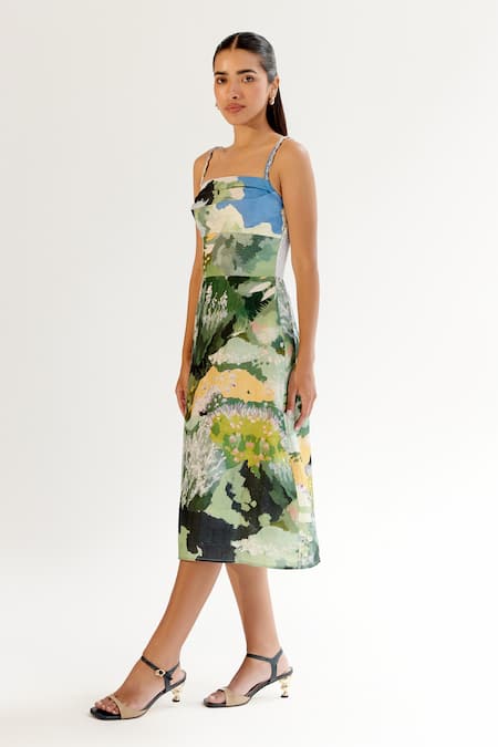 Buy_NOIB_Multi Color Viscose, Linen Square Neck Multicolor Forest Print Midi Dress _Online_at_Aza_Fashions