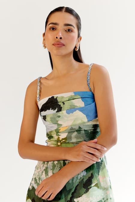 Shop_NOIB_Multi Color Viscose, Linen Square Neck Multicolor Forest Print Midi Dress _Online_at_Aza_Fashions