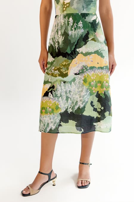 NOIB_Multi Color Viscose, Linen Square Neck Multicolor Forest Print Midi Dress _at_Aza_Fashions