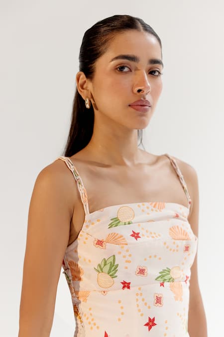 Noib_Multi Color Viscose, Linen Square Multicolor Floral Abstract Print Midi Dress _Online_at_Aza_Fashions