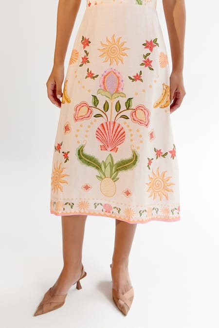Buy_Noib_Multi Color Viscose, Linen Square Multicolor Floral Abstract Print Midi Dress _Online_at_Aza_Fashions