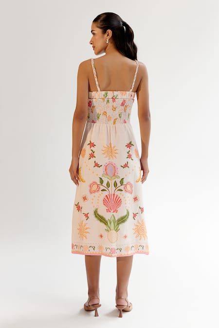 Shop_Noib_Multi Color Viscose, Linen Square Multicolor Floral Abstract Print Midi Dress _at_Aza_Fashions