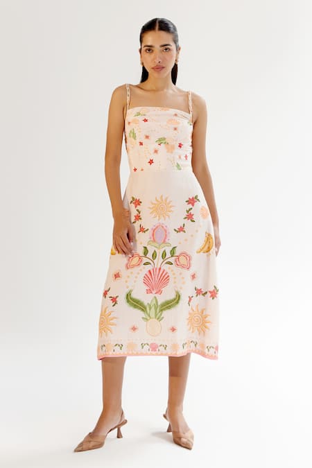 Shop_Noib_Multi Color Viscose, Linen Square Multicolor Floral Abstract Print Midi Dress _Online_at_Aza_Fashions