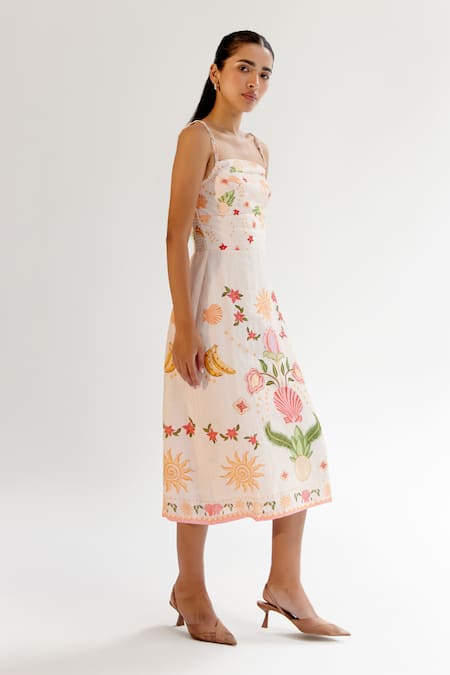 Noib_Multi Color Viscose, Linen Square Multicolor Floral Abstract Print Midi Dress _at_Aza_Fashions