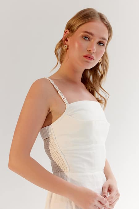 NOIB_White Viscose, Linen Embroidery Square Neck Schiffli Midi Dress_Online_at_Aza_Fashions