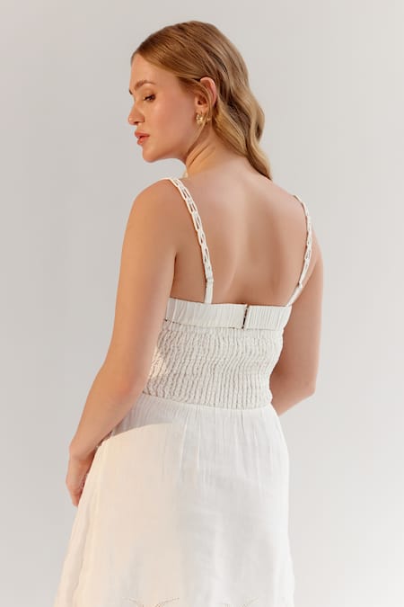 Buy_NOIB_White Viscose, Linen Embroidery Square Neck Schiffli Midi Dress_Online_at_Aza_Fashions