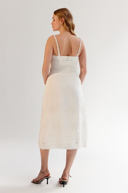 Shop_NOIB_White Viscose, Linen Embroidery Square Neck Schiffli Midi Dress_at_Aza_Fashions