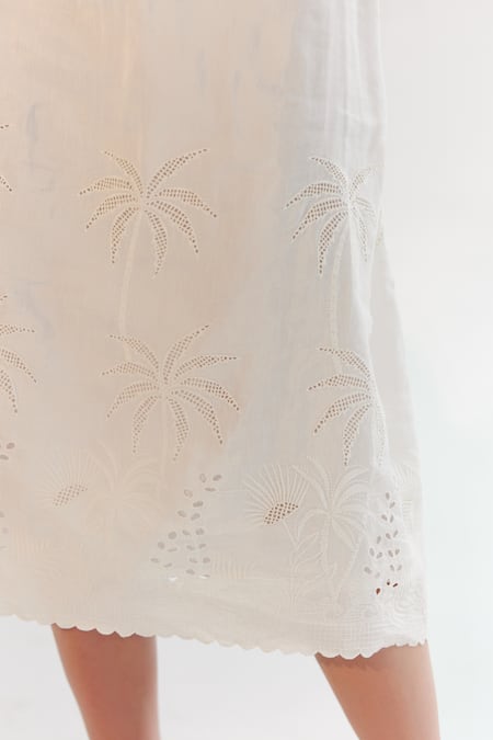 NOIB_White Viscose, Linen Embroidery Square Neck Schiffli Midi Dress_at_Aza_Fashions