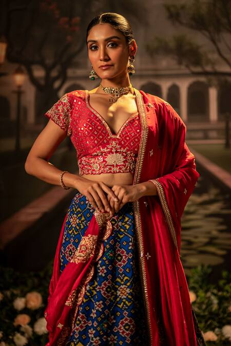 Bandhani_Blue Silk Gota Patti, Beads Plunge Neck Patola Embroidered Lehenga Set _Online_at_Aza_Fashions