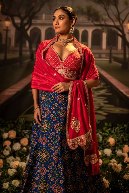 Buy_Bandhani_Blue Silk Gota Patti, Beads Plunge Neck Patola Embroidered Lehenga Set _Online_at_Aza_Fashions