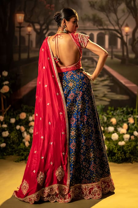 Shop_Bandhani_Blue Silk Gota Patti, Beads Plunge Neck Patola Embroidered Lehenga Set _at_Aza_Fashions