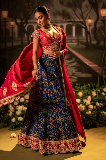 Shop_Bandhani_Blue Silk Gota Patti, Beads Plunge Neck Patola Embroidered Lehenga Set _Online_at_Aza_Fashions