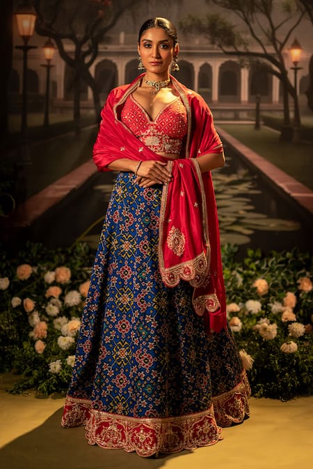Bandhani_Blue Silk Gota Patti, Beads Plunge Neck Patola Embroidered Lehenga Set _at_Aza_Fashions