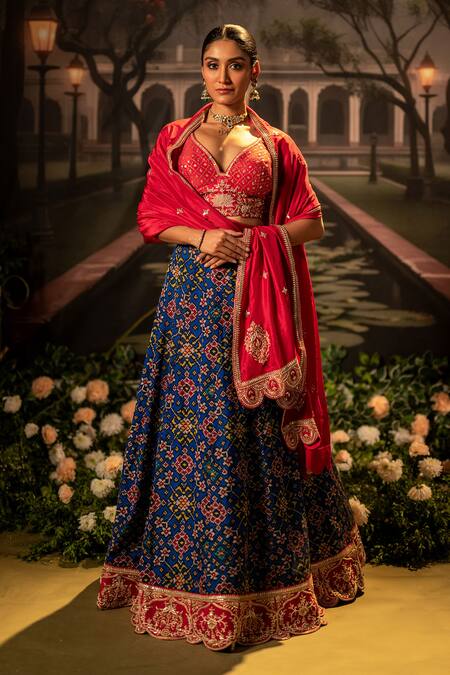 Buy_Bandhani_Blue Silk Gota Patti, Beads Plunge Neck Patola Embroidered Lehenga Set 